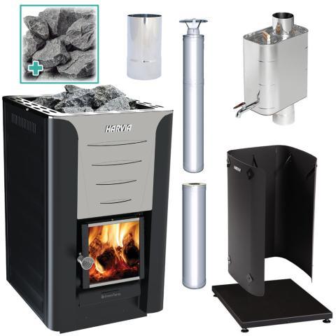 Harvia PRO 20 Deluxe Wood Burning Stove Kit SS for outdoor sauna, stainless steel construction, efficient and durable
