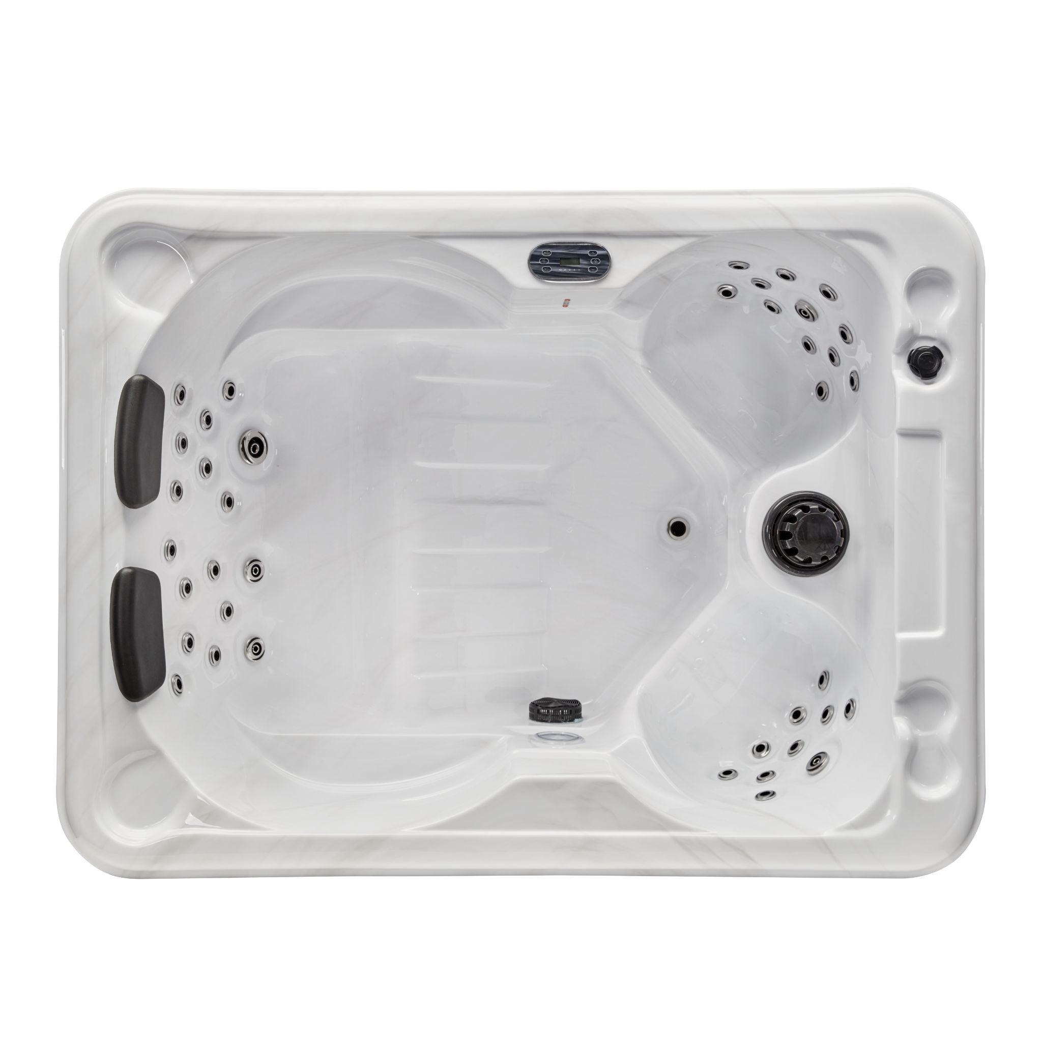 Outdoor hot tub spa with seating for 4, 39 powerful jets, pearl grey interior, and ozone water purification system