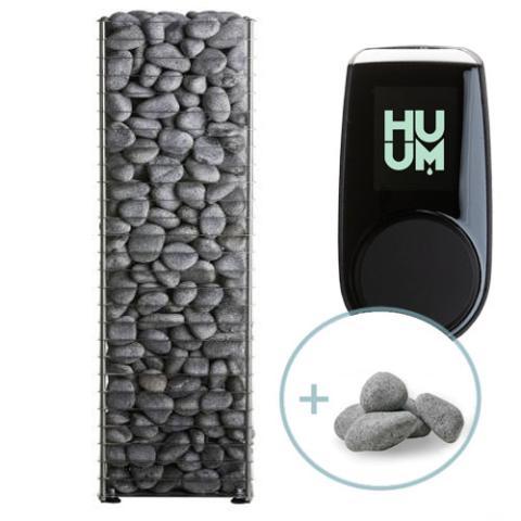 HUUM CLIFF 105STU Pkg wood-fired sauna heater with stainless steel exterior and stone compartment for efficient and luxurious heat distribution