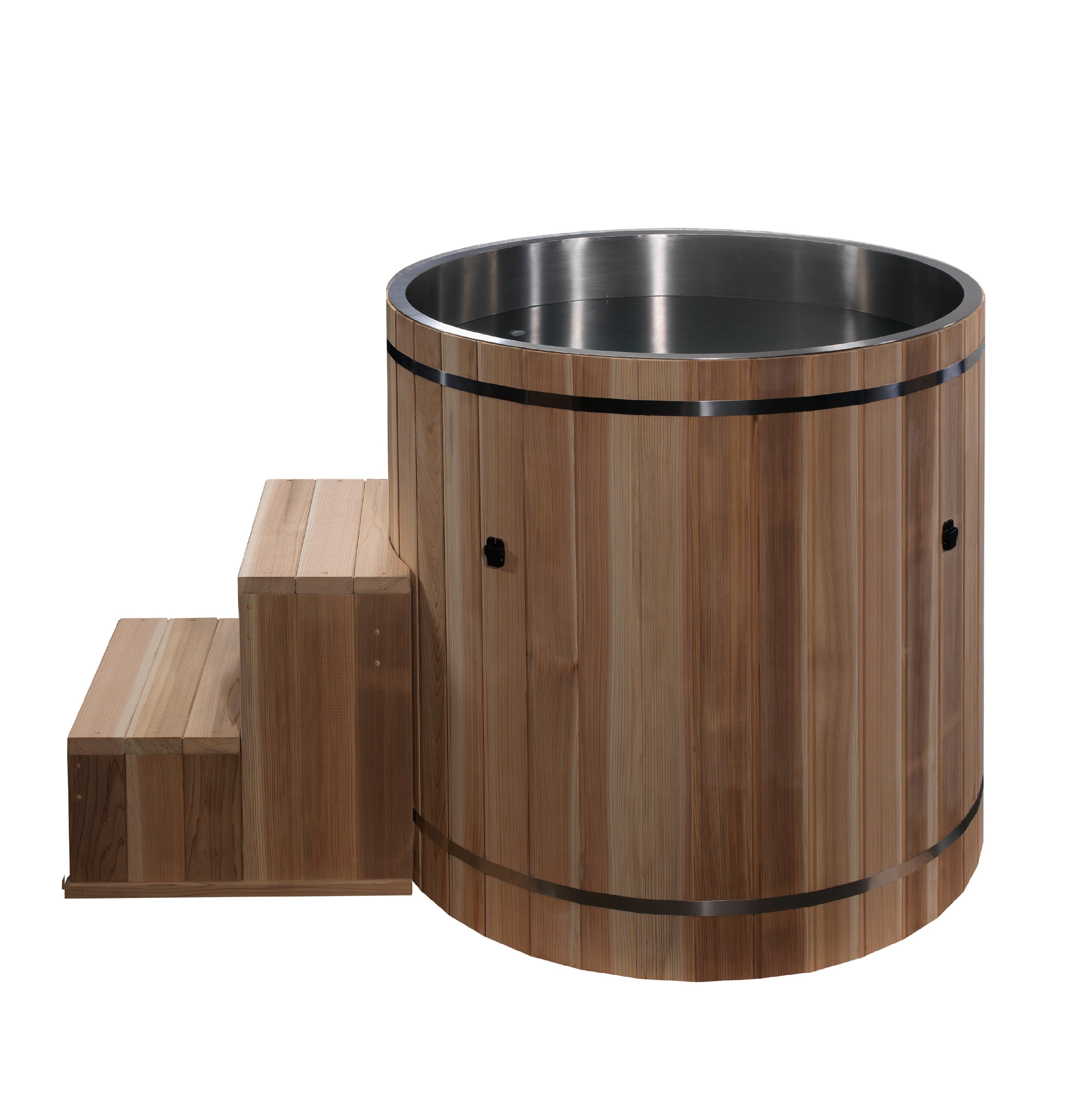 A close-up of the barrel cold plunge with chiller