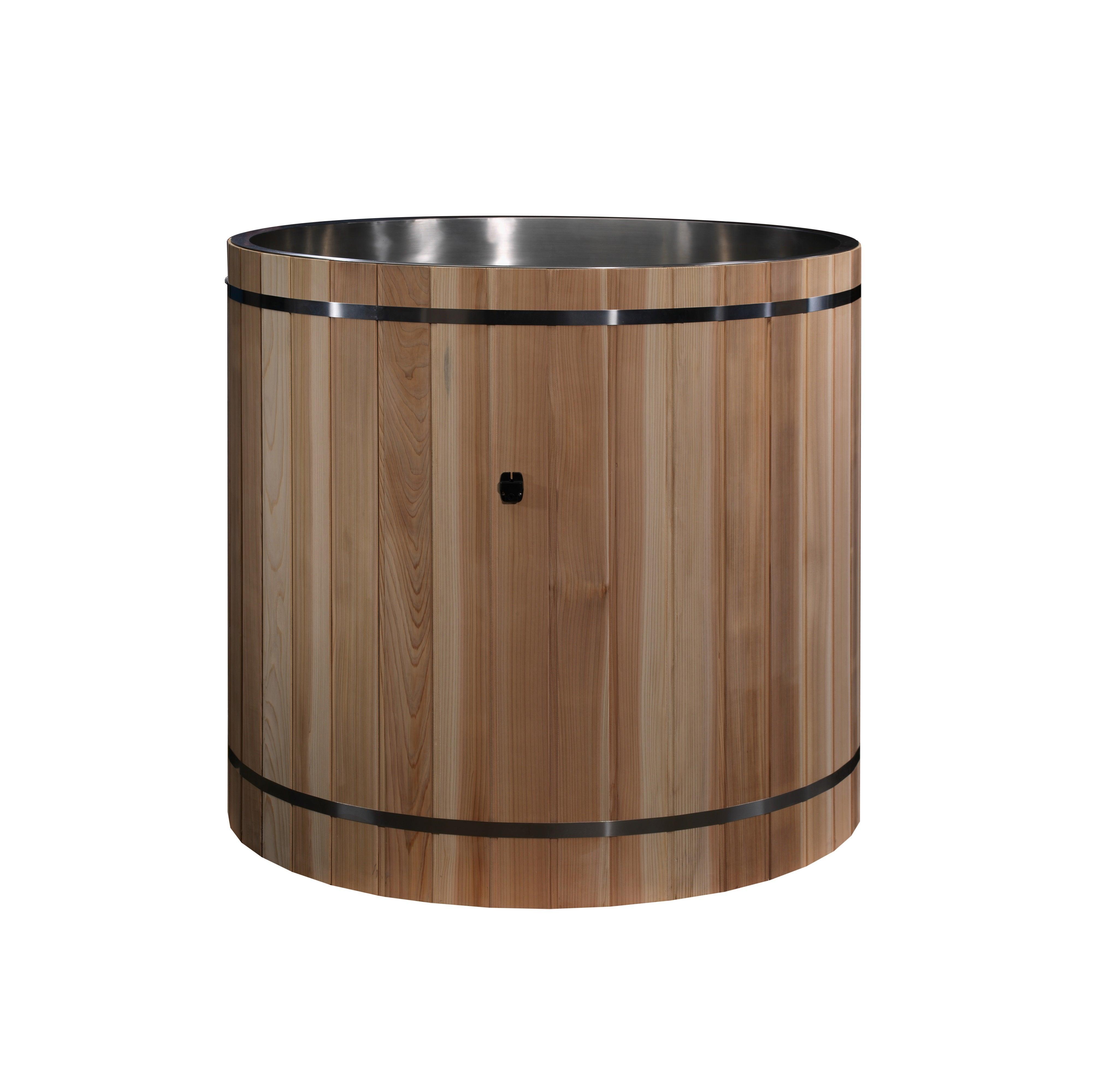 Stainless steel barrel cold plunge/ice bath with Pacific cedar exterior by DCT for hydrotherapy and muscle recovery