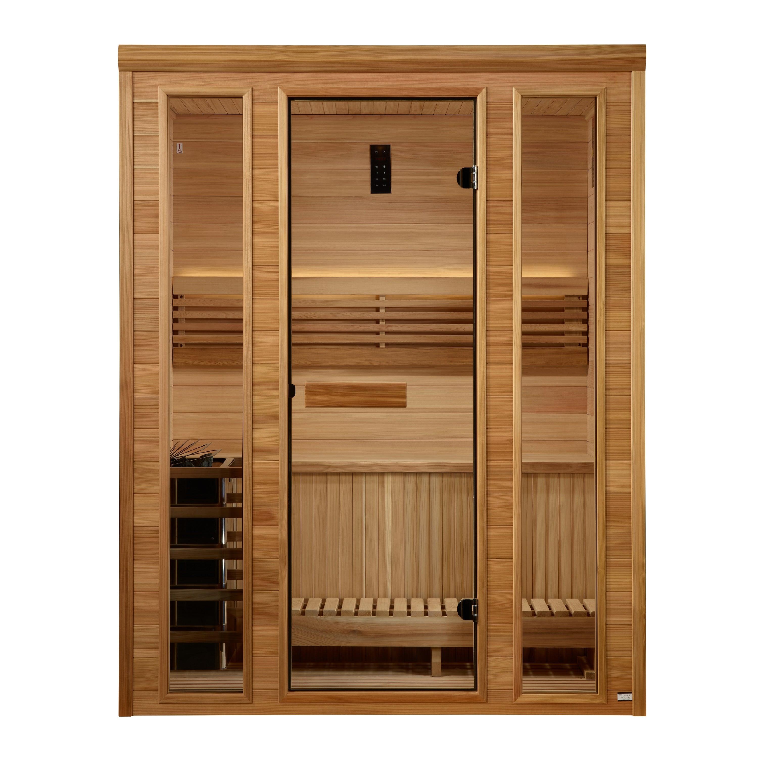 Three person traditional indoor steam sauna in golden designs andermatt edition