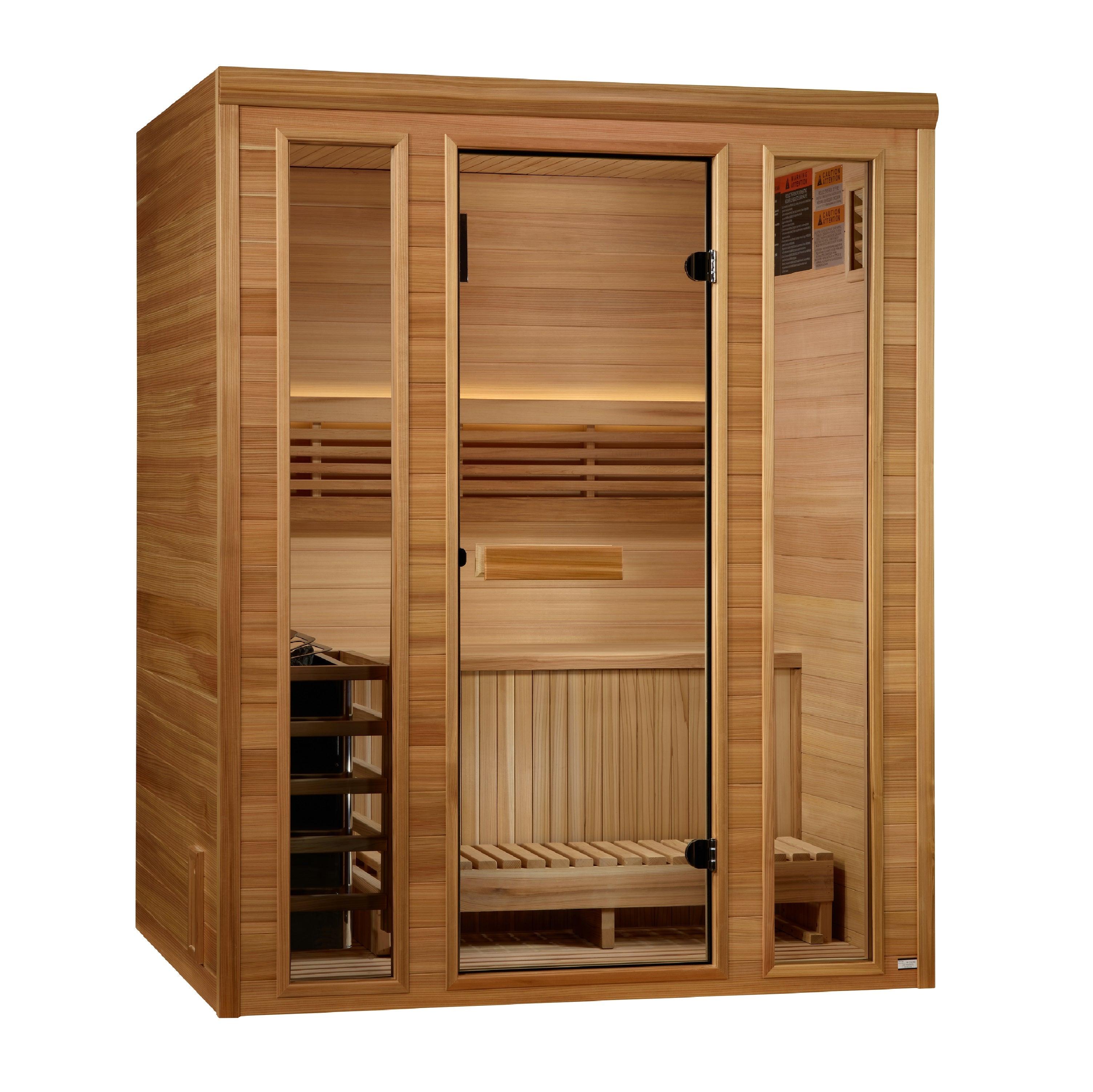 Golden Designs Andermatt Edition 3 Person Traditional Indoor Steam Sauna GDI-7030-01, a luxurious and spacious sauna designed for ultimate relaxation and rejuvenation at home