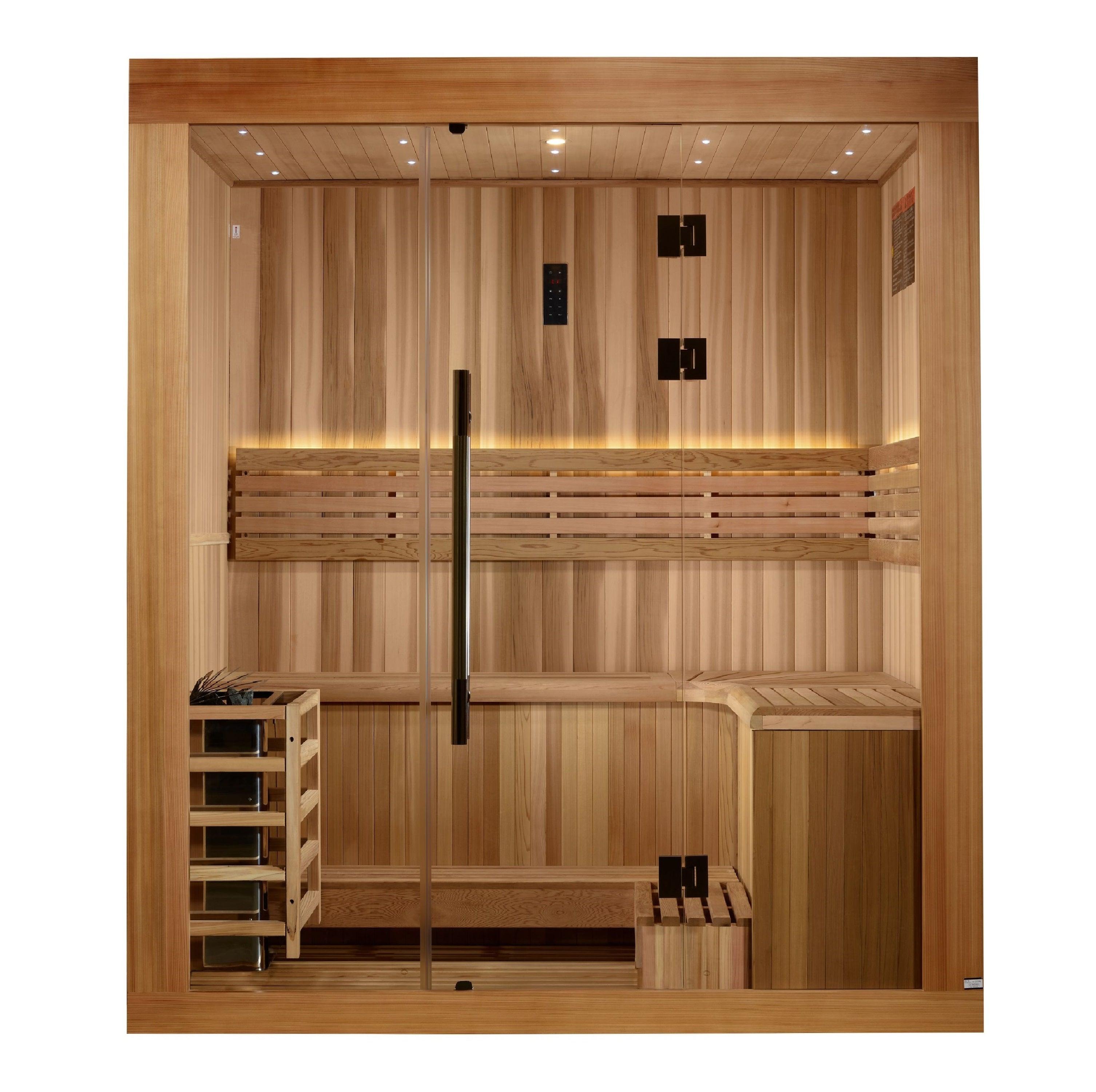 Golden Designs Copenhagen 3 Person Indoor Traditional Steam Sauna GDI-7389-02 with luxurious wooden interior and spacious seating area