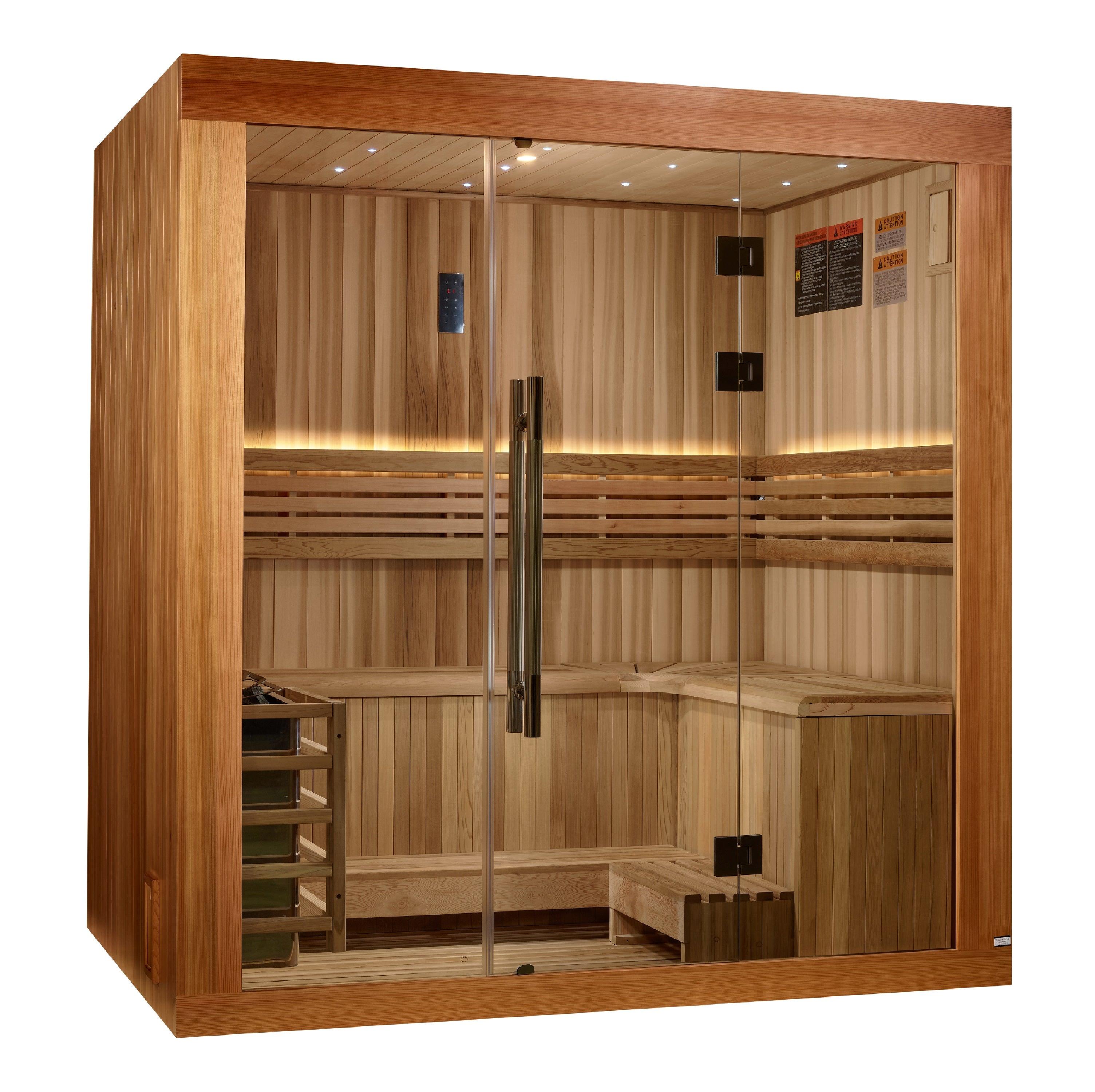 Golden Designs Copenhagen 3 Person Indoor Traditional Steam Sauna GDI-7389-02, luxurious wooden sauna with seating for up to three people, designed for indoor use