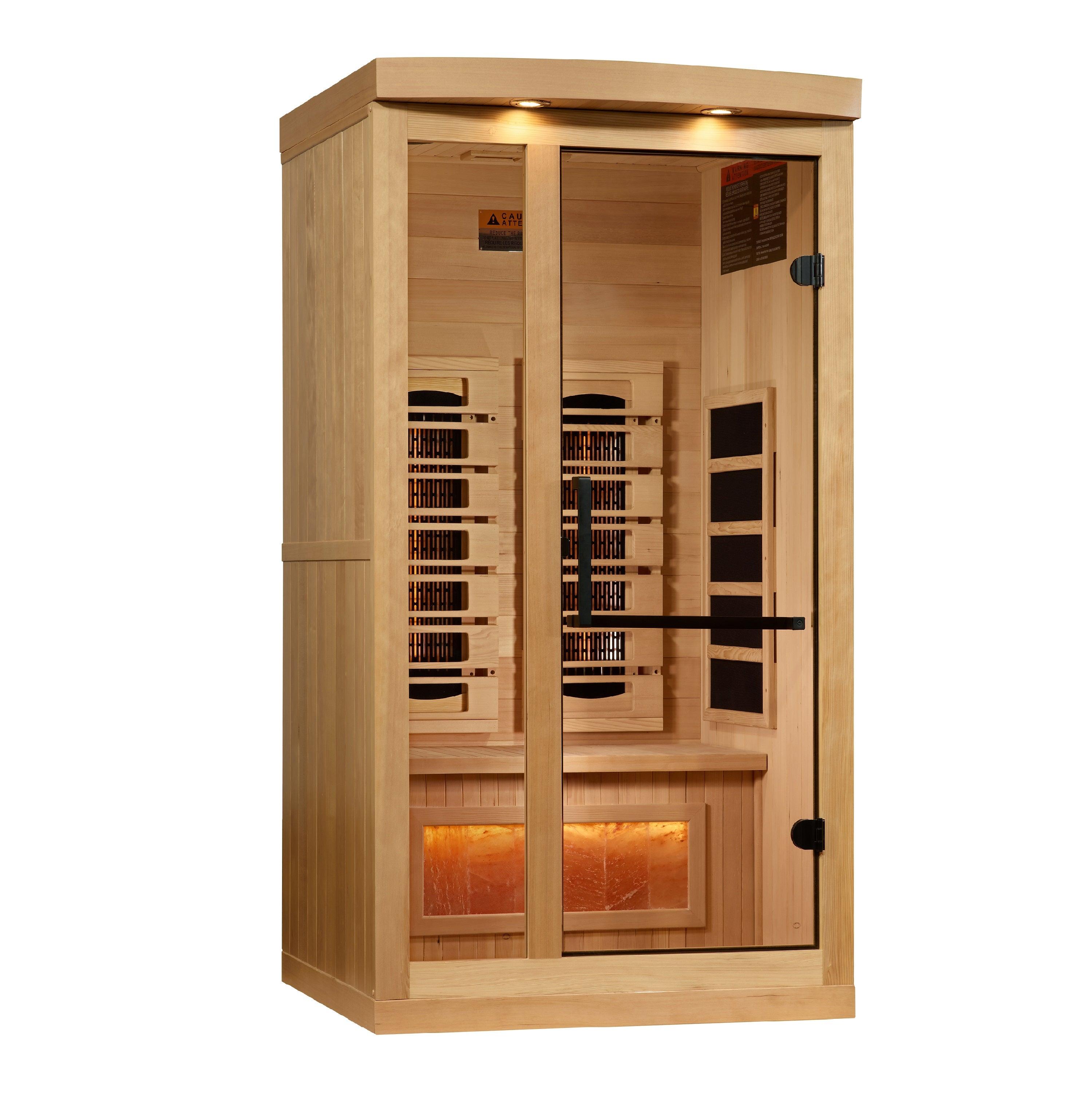 ###
A person sitting inside a Golden Designs Full Spectrum Near Zero EMF FAR Infrared Sauna with Himalayan Salt Bar
