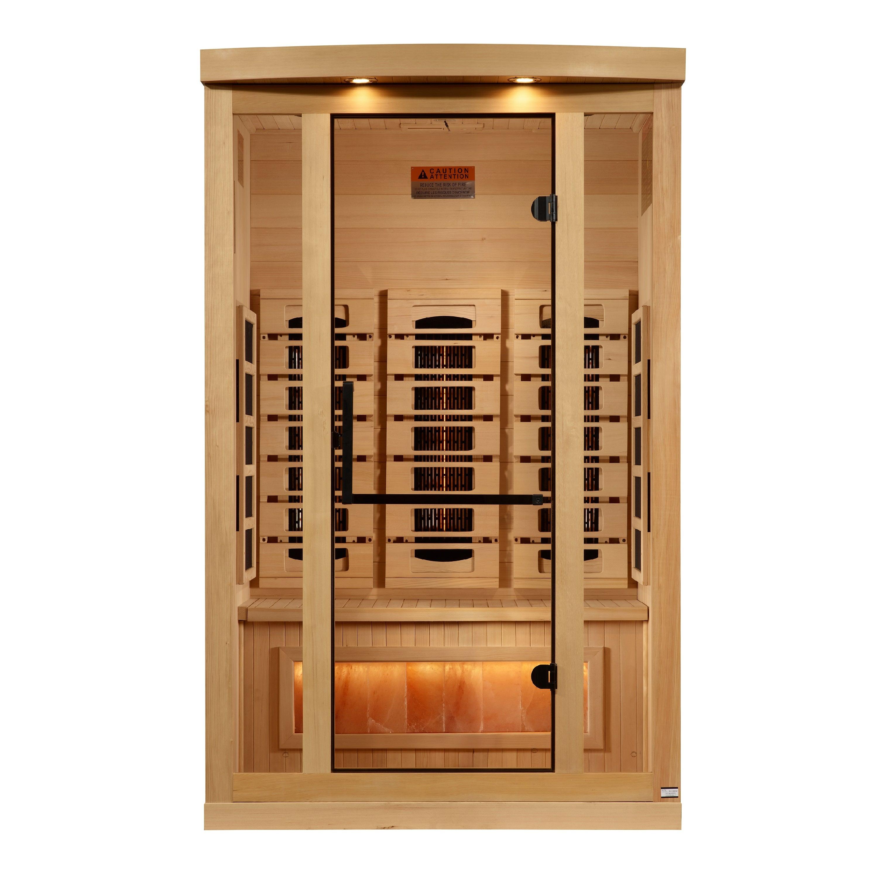 Two-person full spectrum near zero EMF FAR infrared sauna with Himalayan salt bar, perfect for relaxation and detoxification