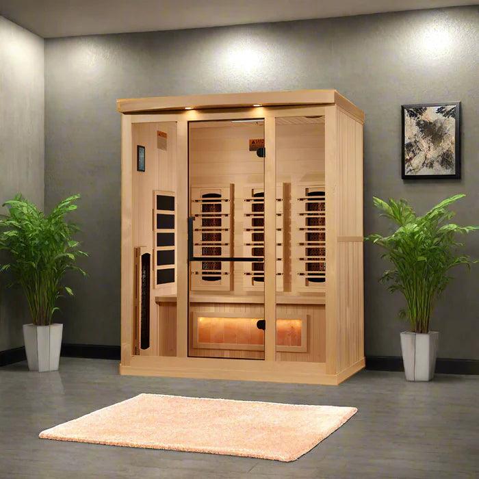 Three person indoor full spectrum infrared sauna with Himalayan salt bar for relaxation and detoxification