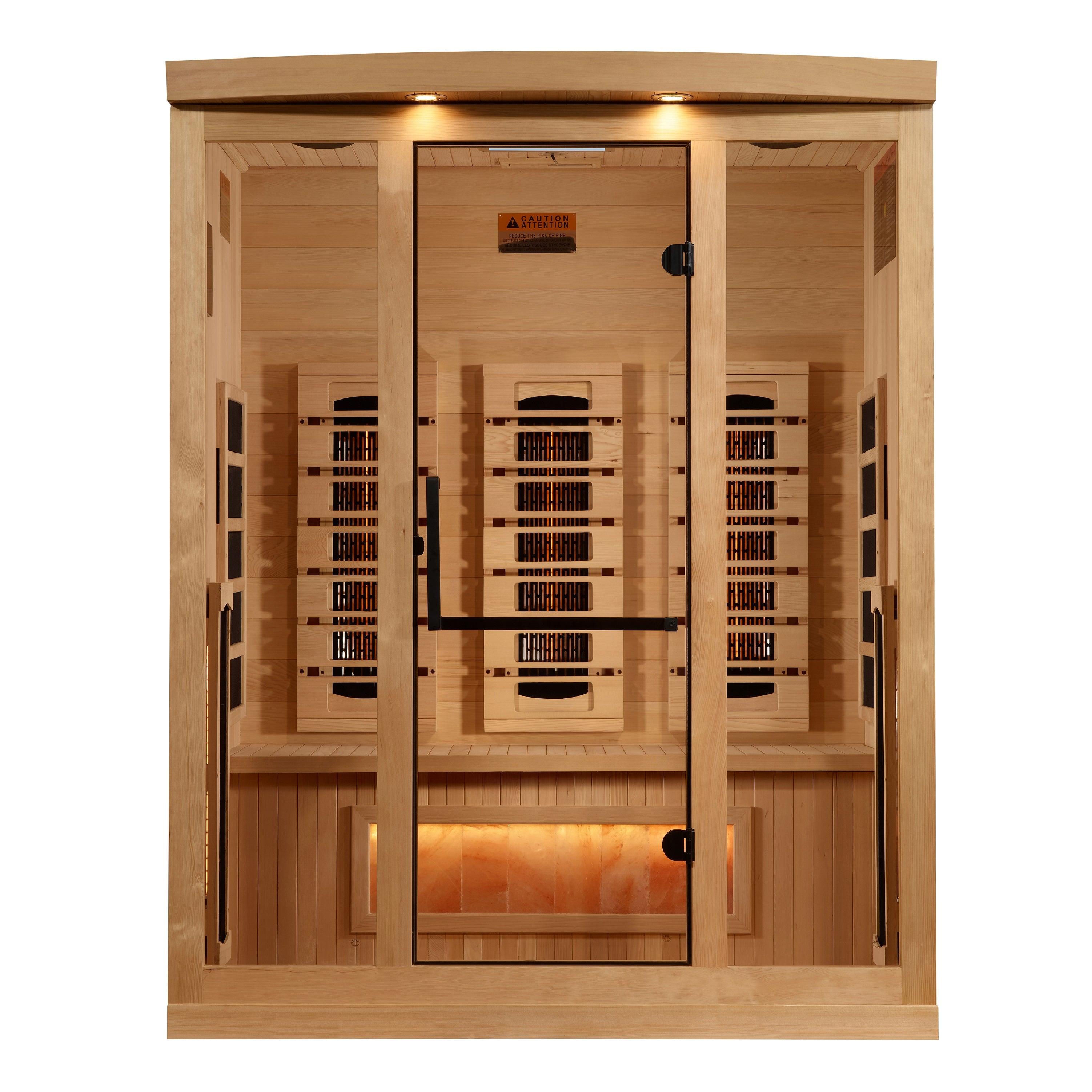 Golden Designs 3-Person Indoor Full Spectrum Near Zero EMF FAR Infrared Sauna with Himalayan Salt Bar GDI-8030-03, providing a relaxing and therapeutic sauna experience at home