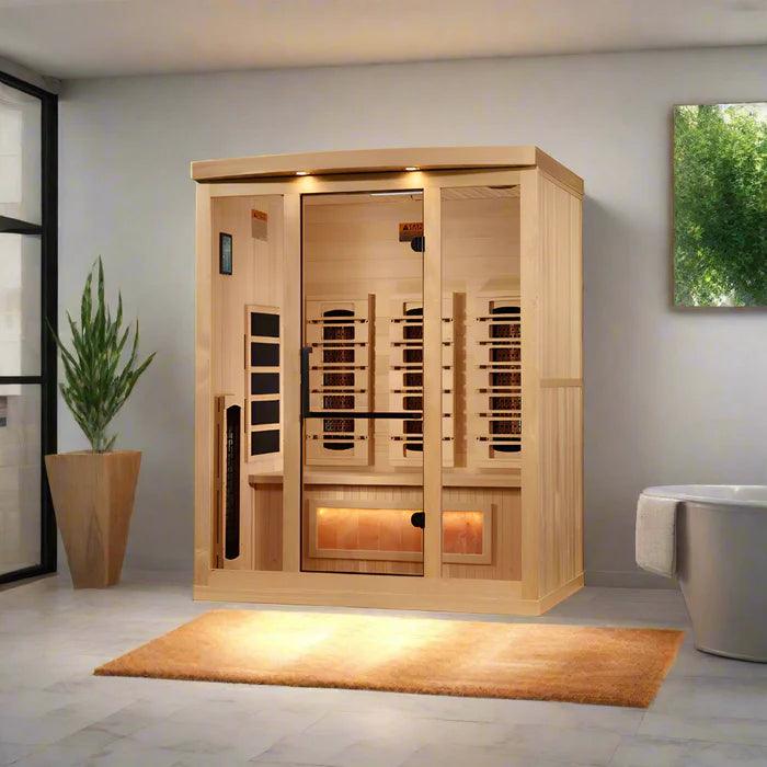 Luxurious and spacious sauna with therapeutic Himalayan salt bar for a rejuvenating experience