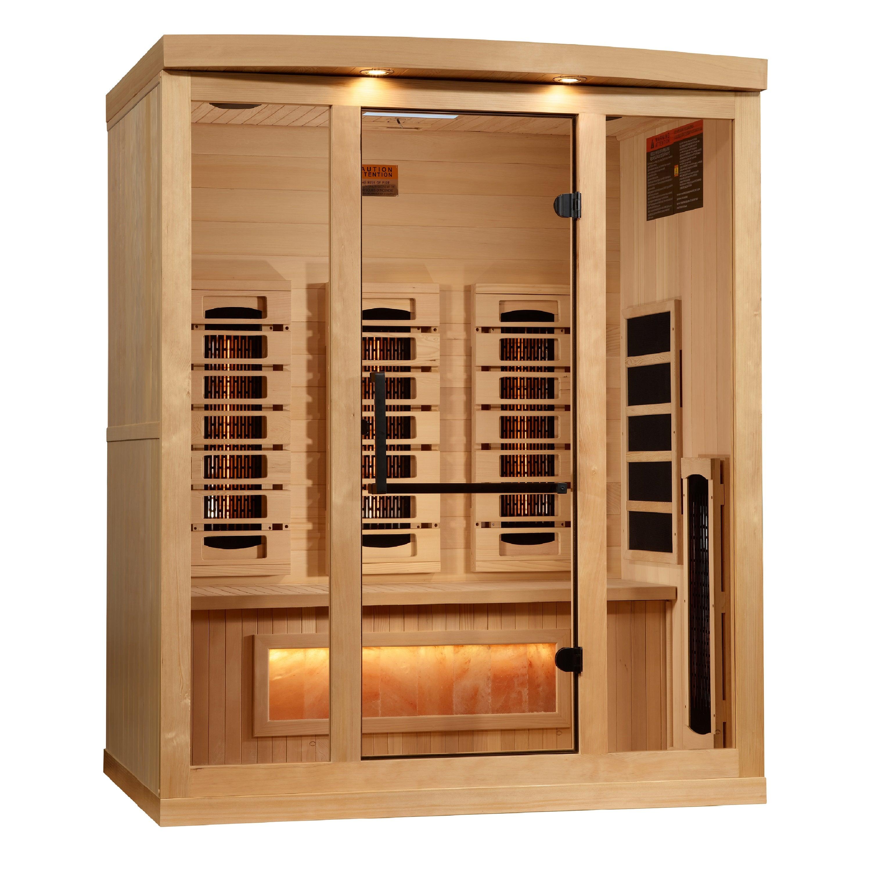Golden Designs 3-Person Indoor Full Spectrum Near Zero EMF FAR Infrared Sauna with Himalayan Salt Bar GDI-8030-03 sauna interior with comfortable seating and full spectrum heating technology