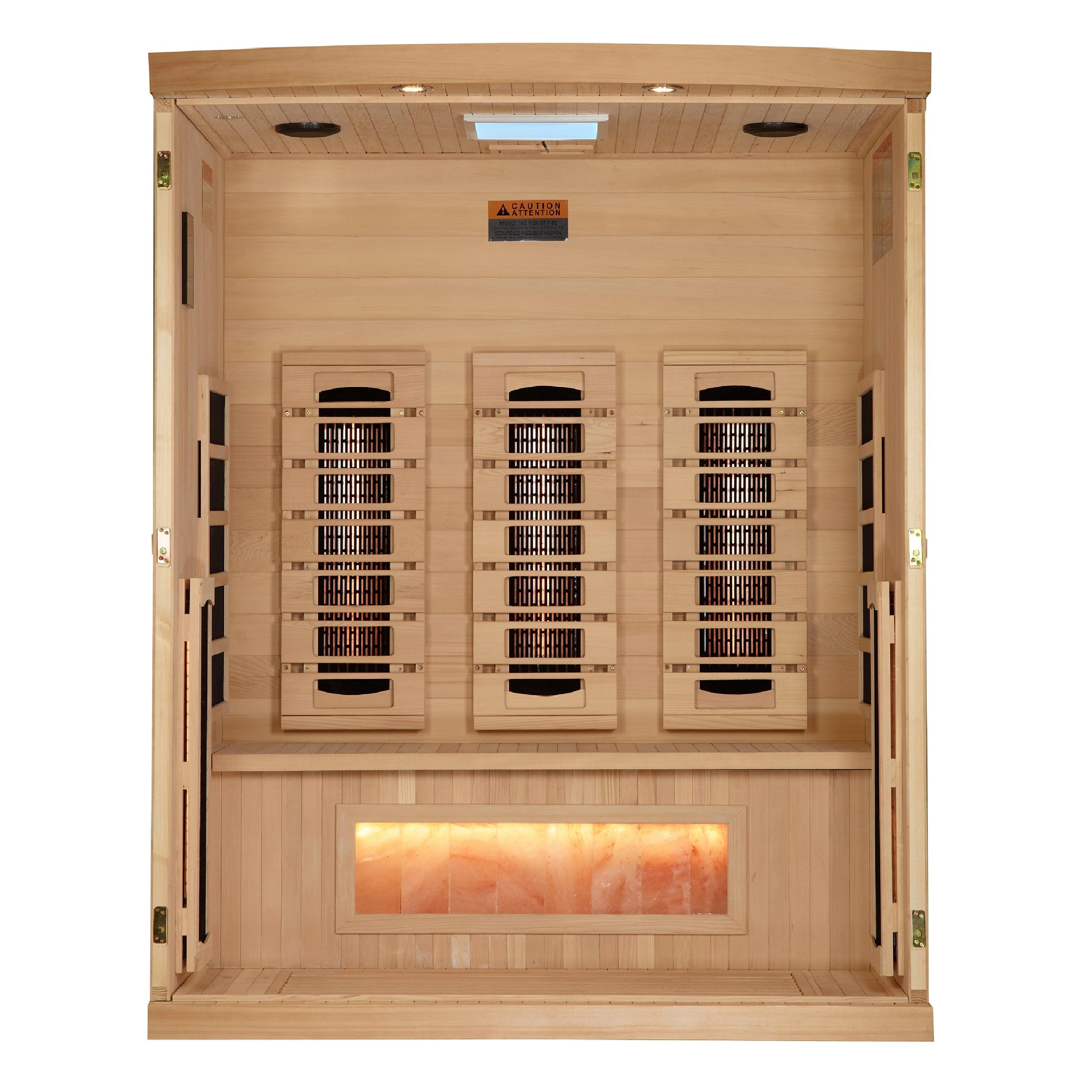 Three-person indoor infrared sauna with Himalayan salt bar and low EMF technology