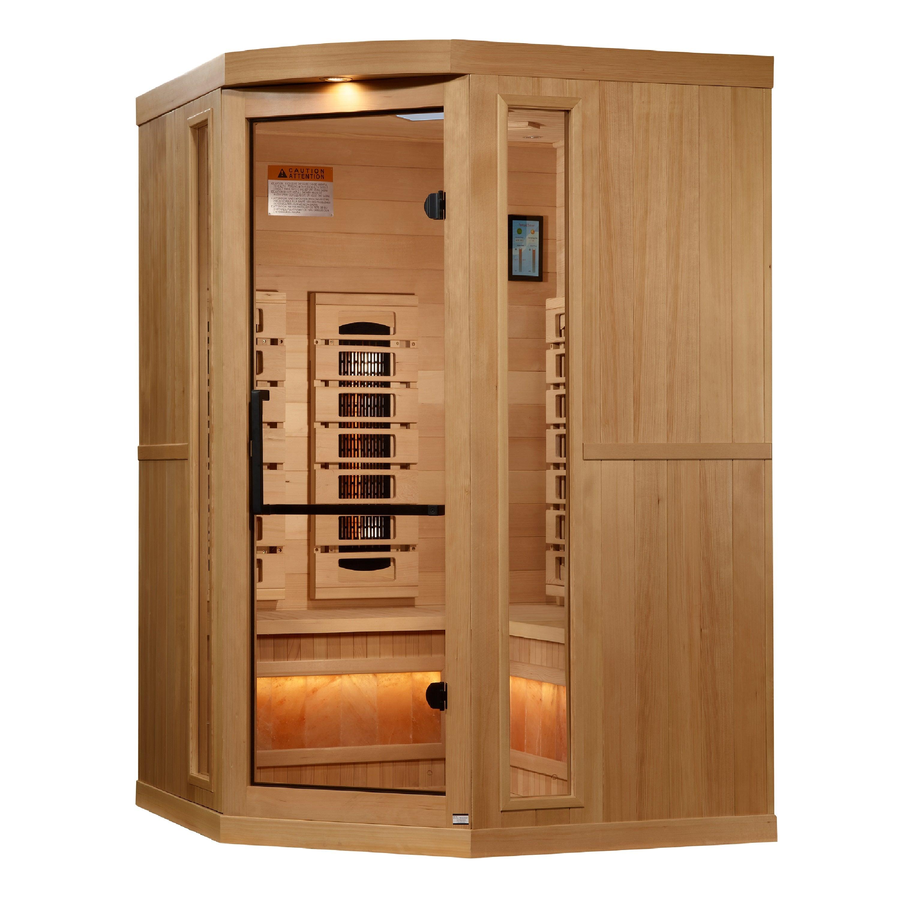 Spacious 3-person corner indoor sauna with near zero EMF FAR infrared technology and Himalayan salt bar for ultimate relaxation and wellness - Golden Designs GDI-8035-03