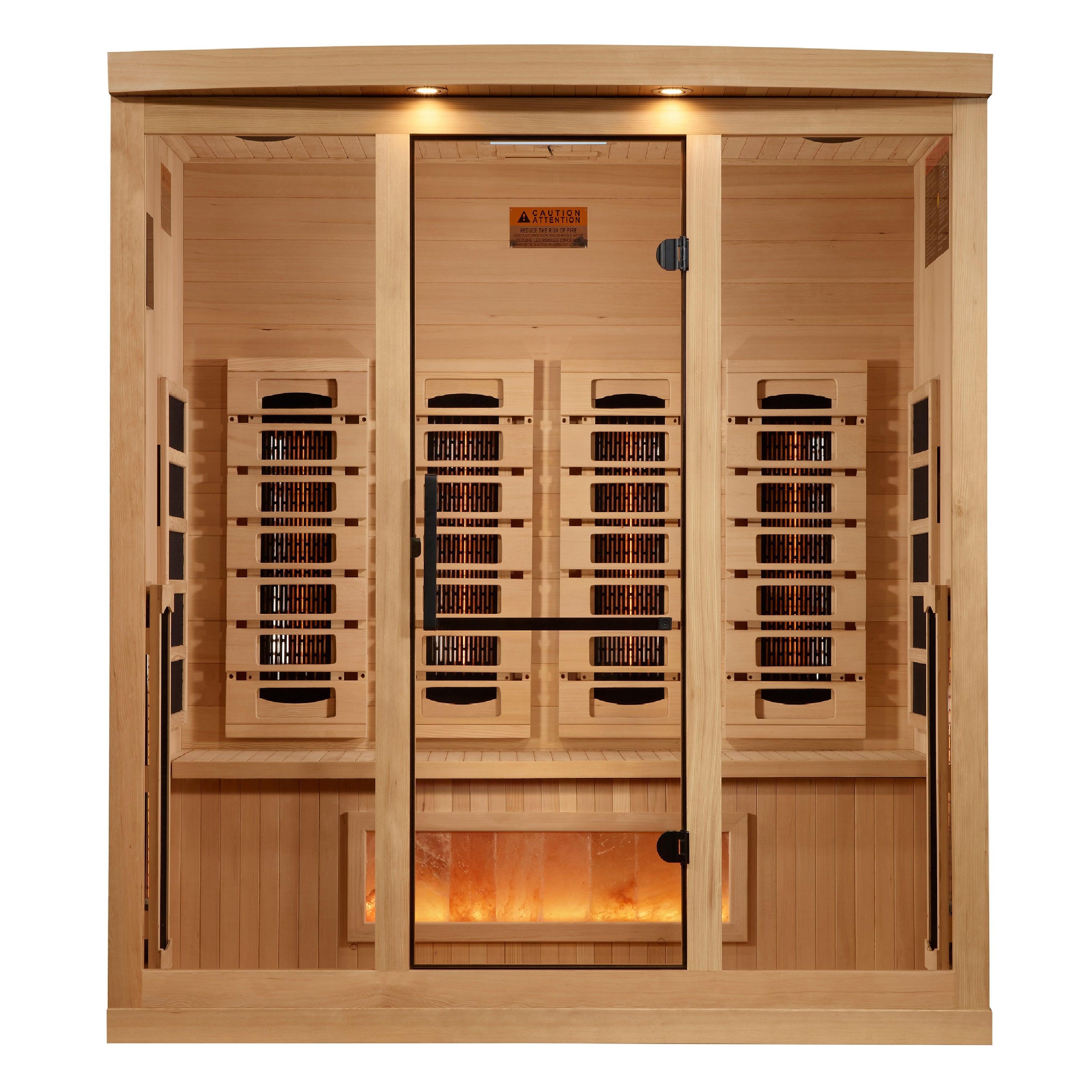 Golden Designs 4-Person Indoor Full Spectrum Near Zero EMF FAR Infrared Sauna with Himalayan Salt Bar GDI-8040-03 provides a luxurious and therapeutic sauna experience for up to four people, with near zero EMF technology and a Himalayan salt bar for added health benefits