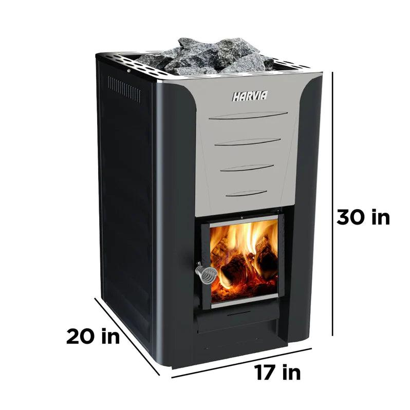 Close-up of Harvia PRO Series 24kW Sauna Wood Sauna Stove Pro 20 with glowing firewood