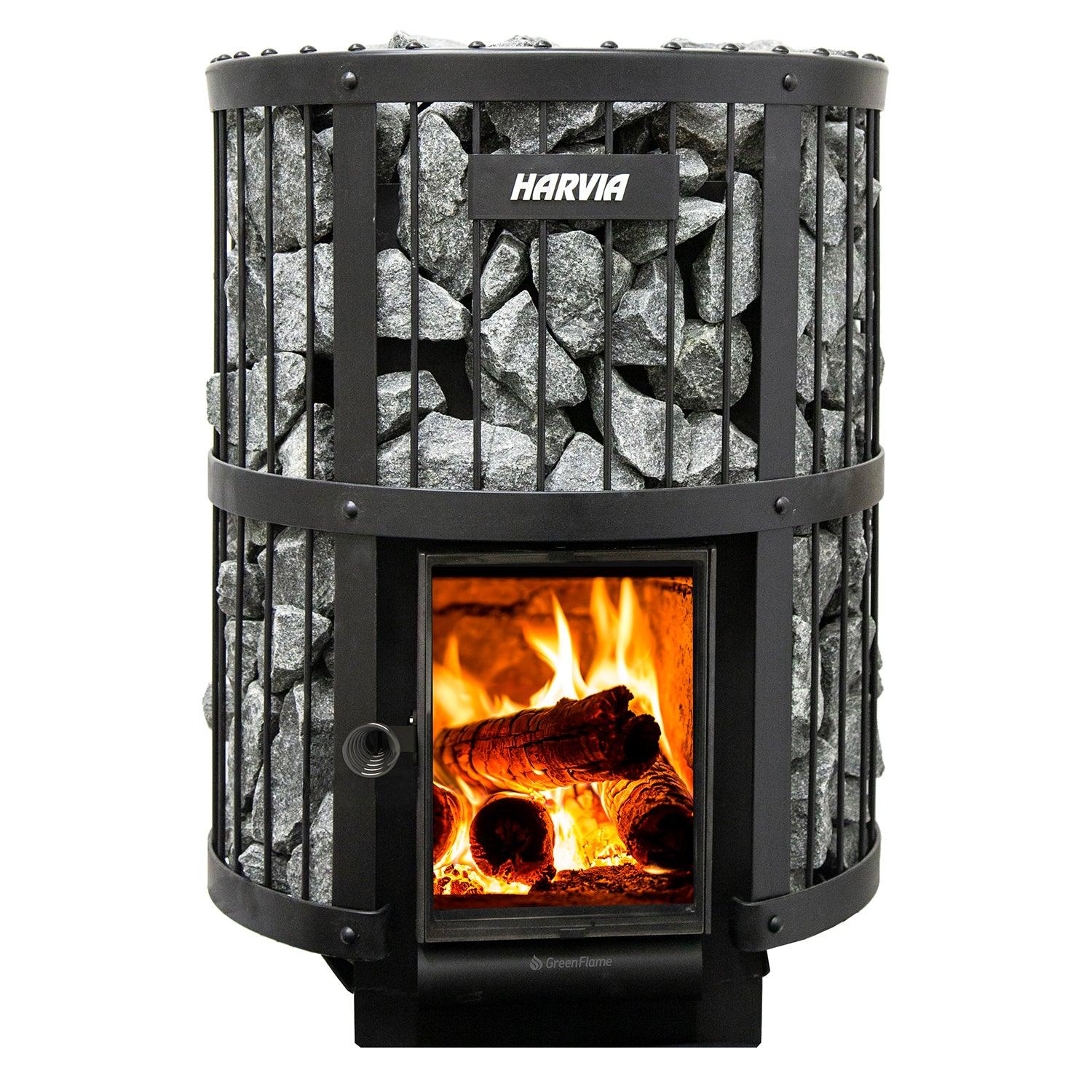 Harvia GreenFlame Series 159kW Wood Sauna Stove Legend 240GF in a traditional sauna setting, heating the room with wood-burning elegance and efficiency