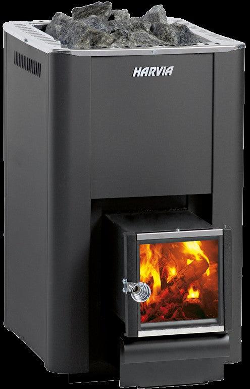 Harvia PRO Series 241kW Sauna Wood Sauna Stove Pro 20 SL in modern sauna room with wooden benches and glass door