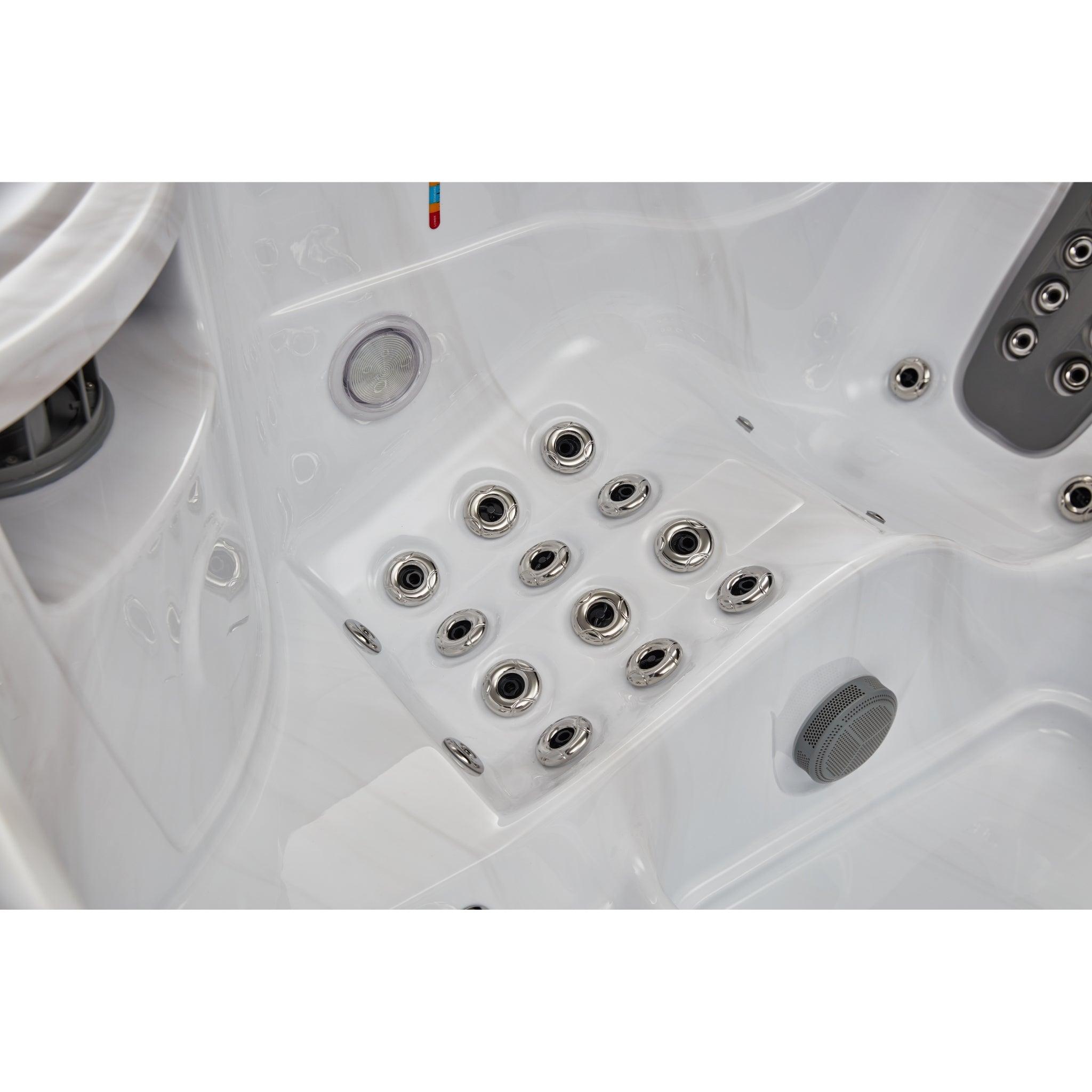 Relax in luxury with the spacious Infinity 5 Person Hot Tub Spa featuring 77 jets, a dual lounger, and Bluetooth connectivity WS-594-CGE