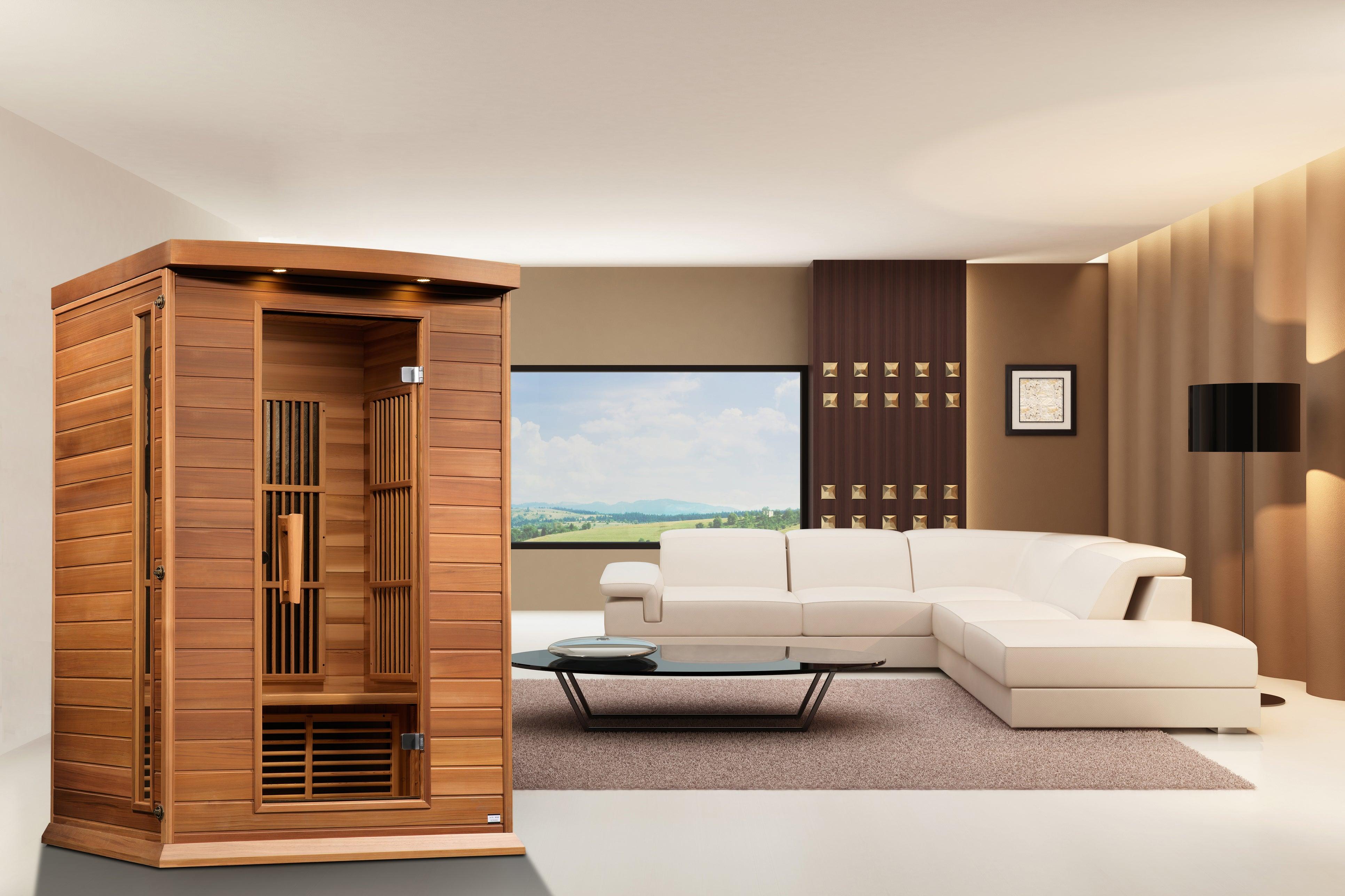 MP3 auxiliary connection with 2 premium speakers for a relaxing sauna session