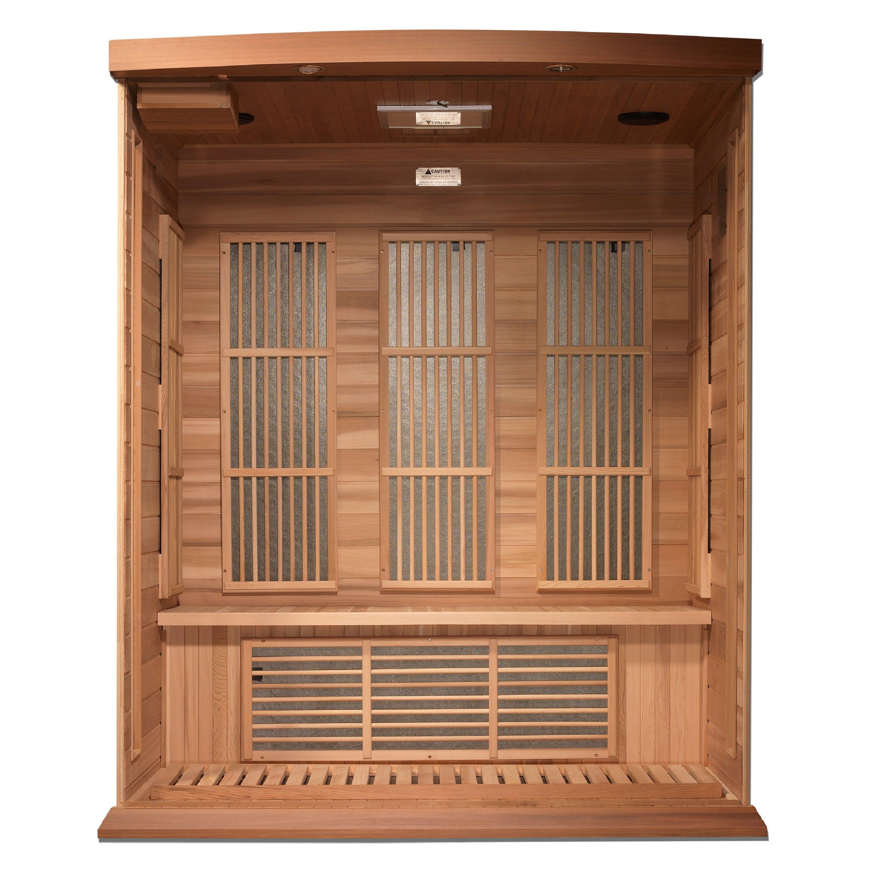Maxxus 3-Person Near Zero EMF FAR Infrared Sauna made from Canadian Red Cedar, emitting under 2MG, providing a luxurious and detoxifying experience