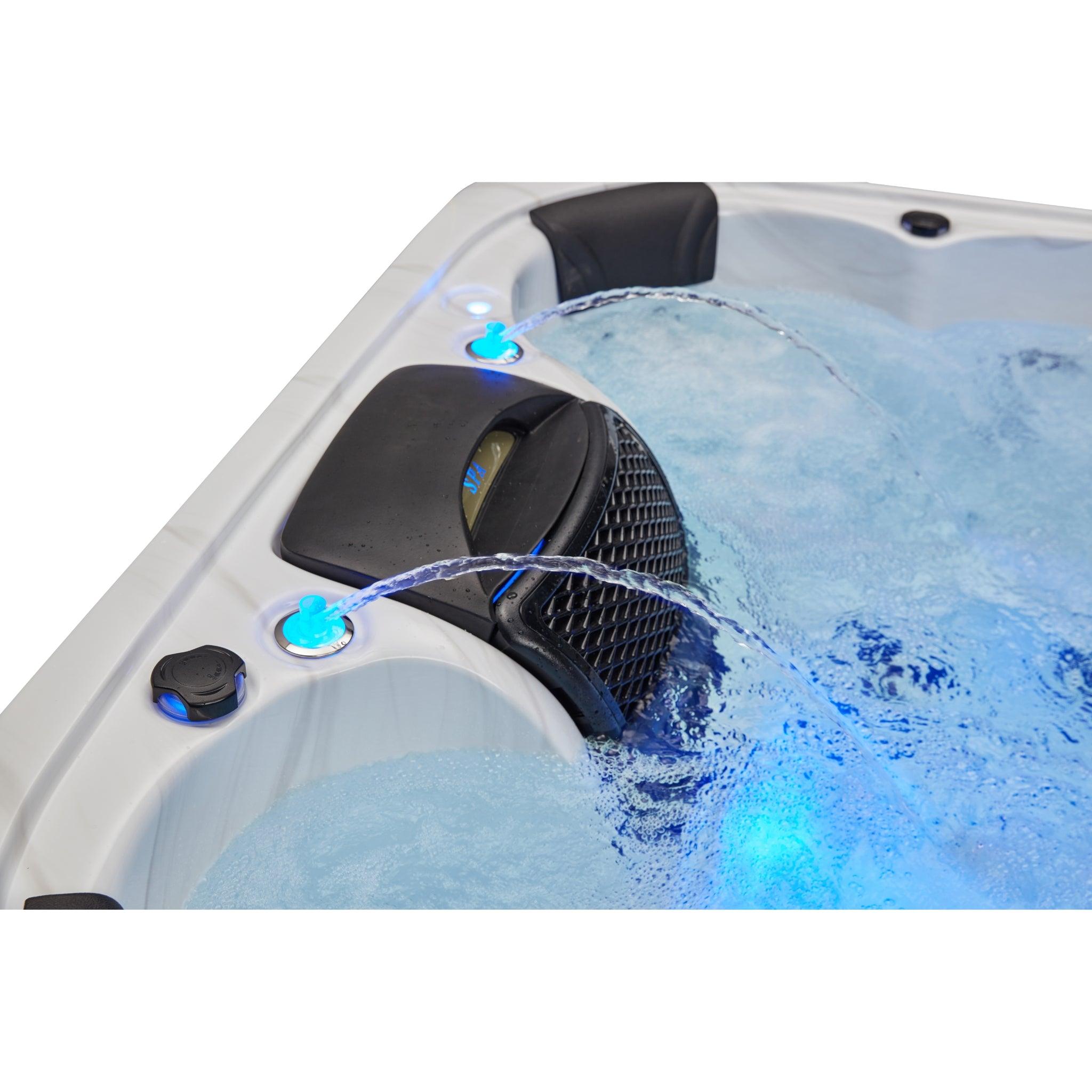 Victoria 6 Person Hot Tub Spa Lounger with Bluetooth WS-693, a luxurious outdoor spa with seating for up to six people, built-in Bluetooth speakers, and a lounger for ultimate relaxation