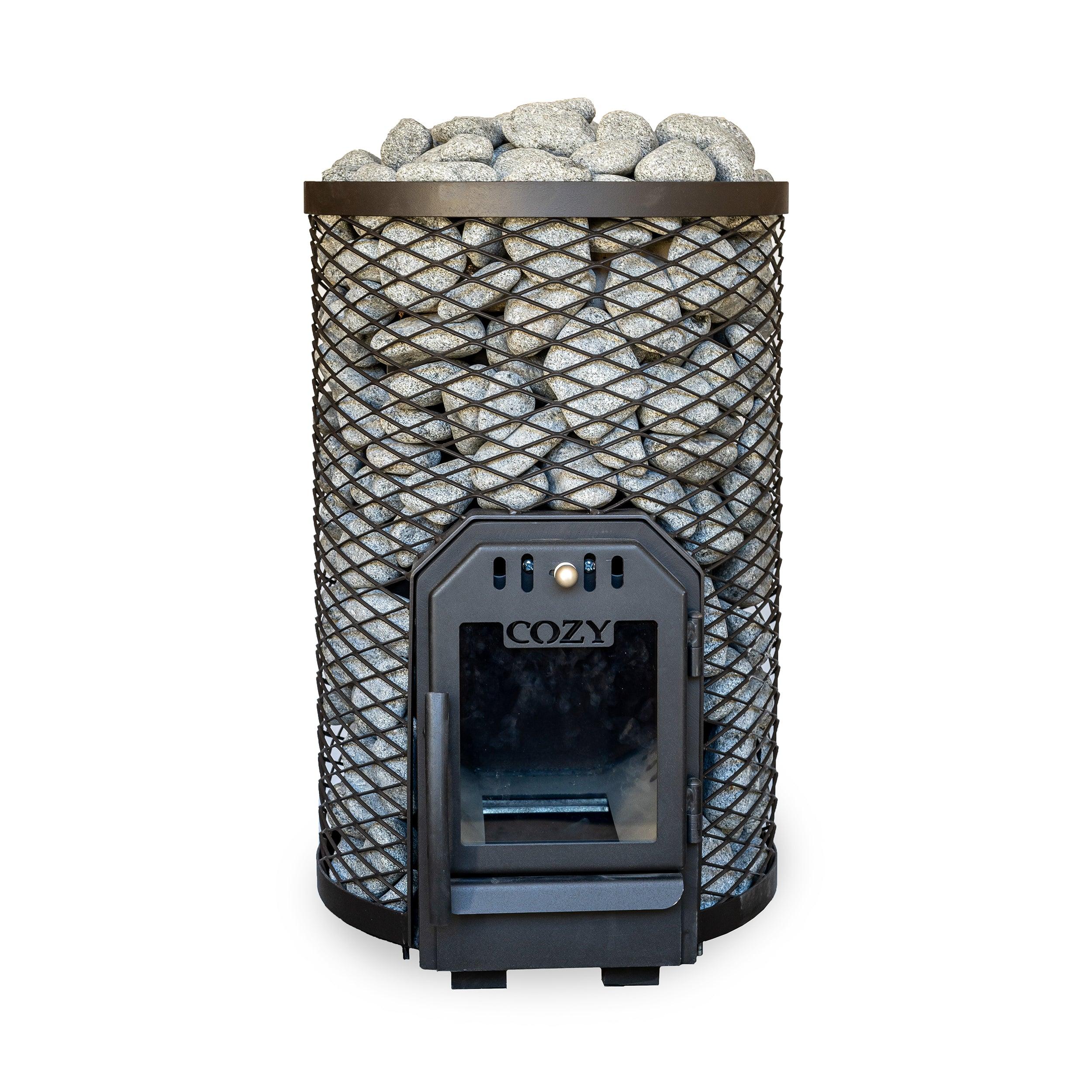 Cozy Heat O Sauna Stove glowing with warm heat in a traditional wooden sauna