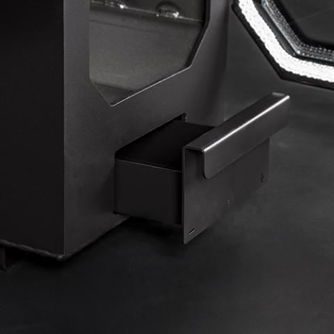 Close-up of the heat-resistant handle on the HUUM HIVE Flow 10kW Wood Sauna Stove door