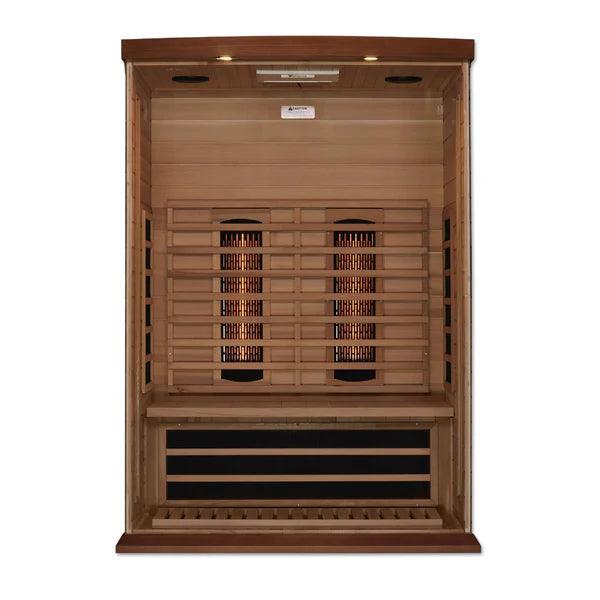 Maxxus 2-Person Full Spectrum Near Zero EMF FAR Infrared Sauna in Canadian Red Cedar with Door Closed and Ambient Lighting