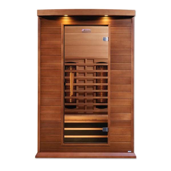 Maxxus 2-Person Full Spectrum Near Zero EMF FAR Infrared Sauna in Canadian Red Cedar with Exterior View showcasing Wood Construction and Design