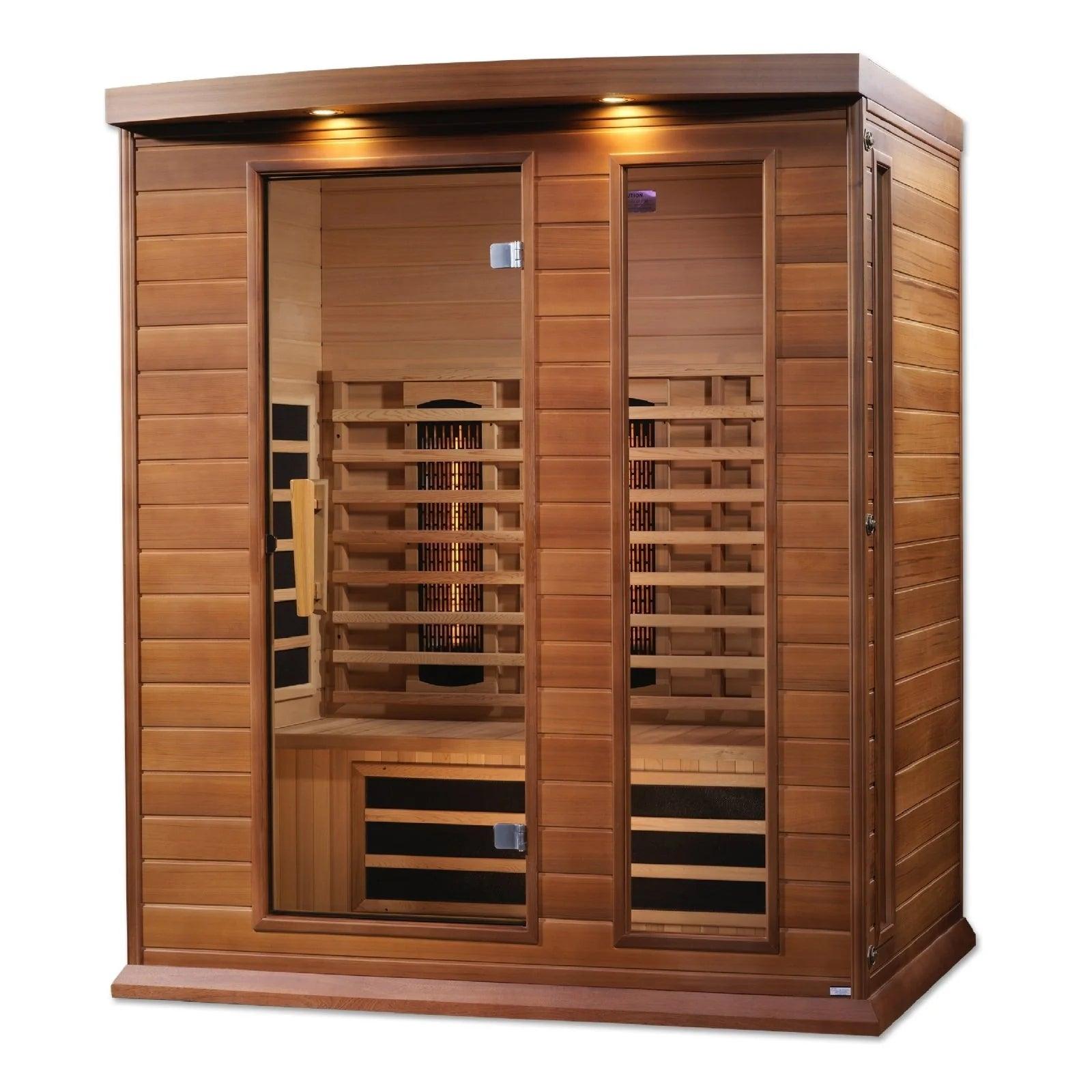Close-up of the interior control panel of Maxxus 3-Person Full Spectrum Near Zero EMF FAR Infrared Sauna, showing temperature and timer settings