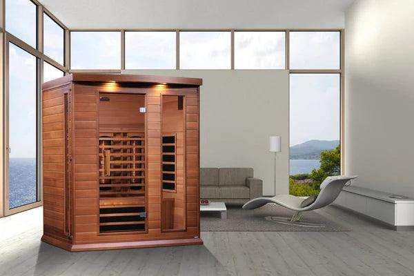 Three-person full spectrum near zero EMF FAR infrared sauna, side view, with exterior control panel and comfortable bench seating