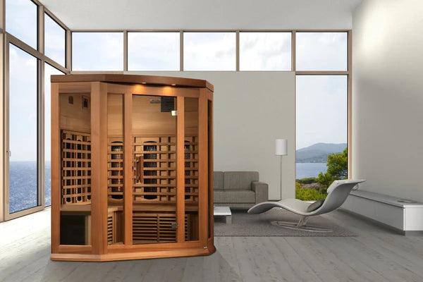 This Canadian Red Cedar sauna is equipped with LED lights, a sound system with radio and CD player, and an oxygen ionizer for a complete and comfortable sauna experience