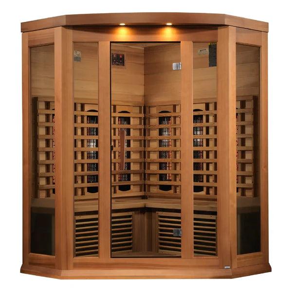 This Maxxus 3-Person Corner Full Spectrum Near Zero EMF FAR Infrared Sauna is made with Canadian Red Cedar, known for its beautiful color variation, refreshing aroma, and its resistance to warping and twisting
