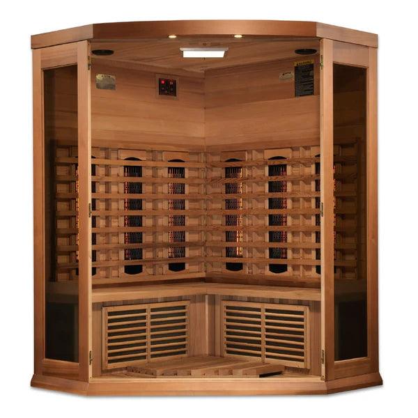 The Maxxus 3-Person Corner Full Spectrum Near Zero EMF FAR Infrared Sauna features easy-to-use digital control panels inside and outside, making it convenient to adjust the temperature and duration of your sauna session