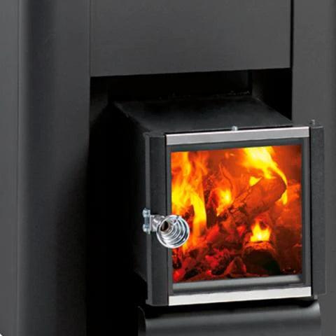 Close-up of Harvia PRO Series 241kW Sauna Wood Sauna Stove Pro 20 SL with digital control panel and stainless steel construction