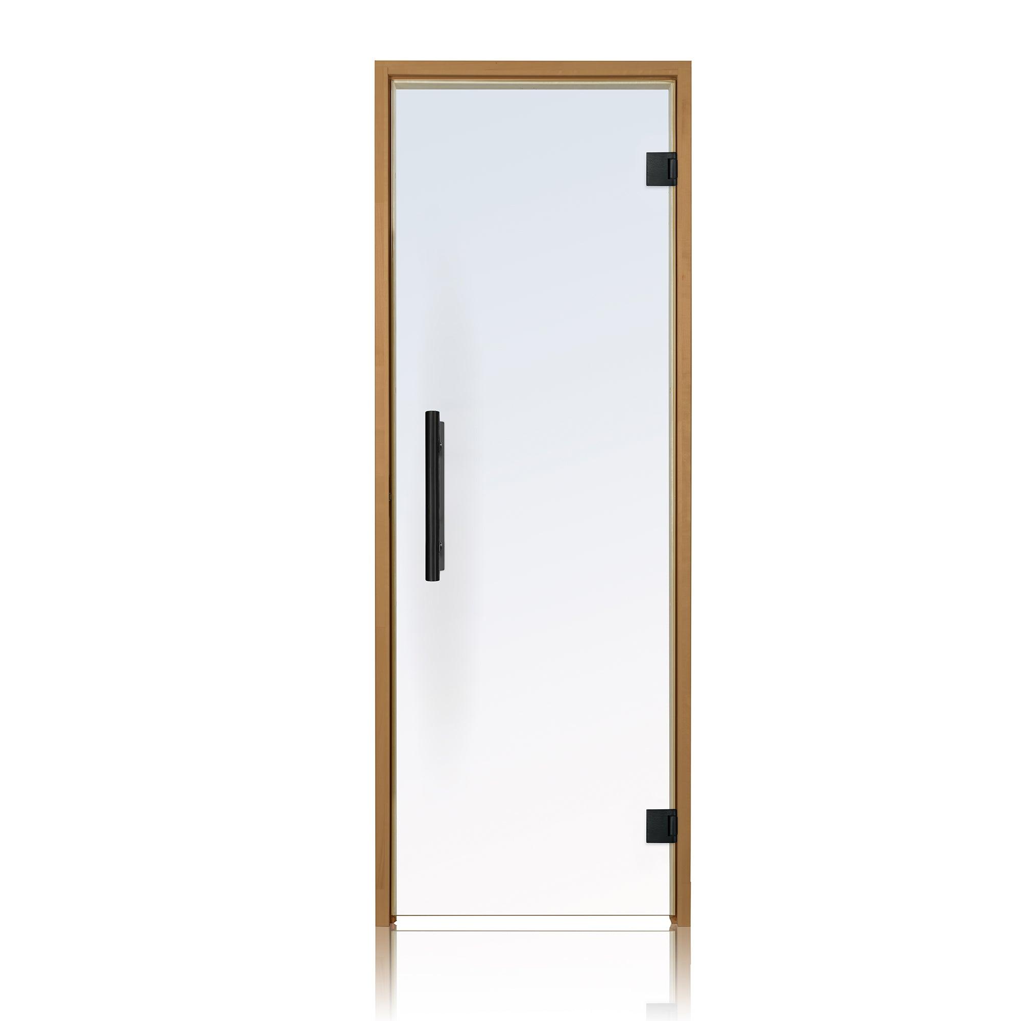 A modern and sleek prehung sauna glass door by PROSAUNAS, measuring 24x81 inches