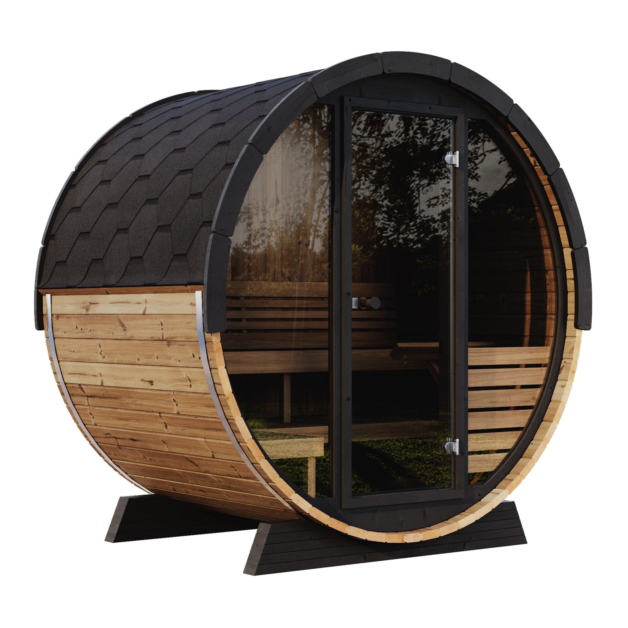 SaunaLife Model EE6G Sauna Barrel Ergo Elegance Series for 4-Person, with glass front, measuring at 63 inches in length and 91 inches in depth
