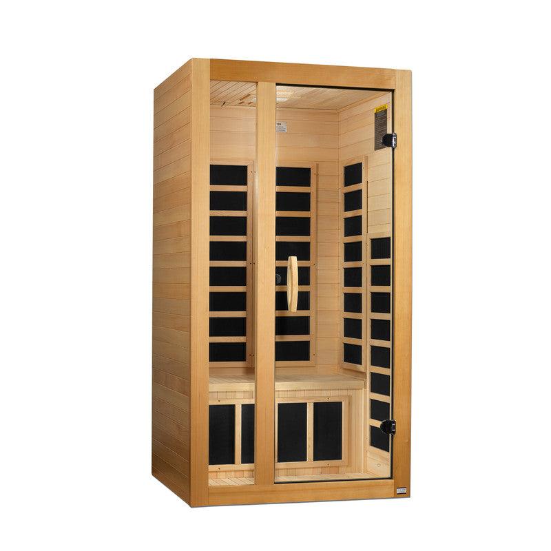 Spacious and luxurious Dynamic Gracia 1-2-person Low EMF FAR Infrared Sauna crafted from Canadian Hemlock wood for a relaxing and rejuvenating experience