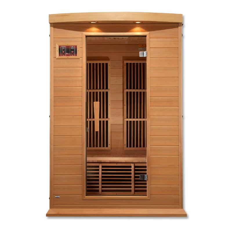 Maxxus 2-Person Low EMF FAR Infrared Sauna made from Canadian Hemlock wood, designed for relaxation and detoxification with minimal electromagnetic field exposure