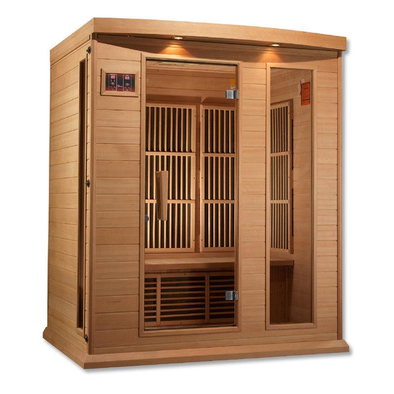 Maxxus 3-Person Low EMF (Under 8MG) FAR Infrared Sauna (Canadian Hemlock) featuring 8mm bronze tempered glass door for added durability