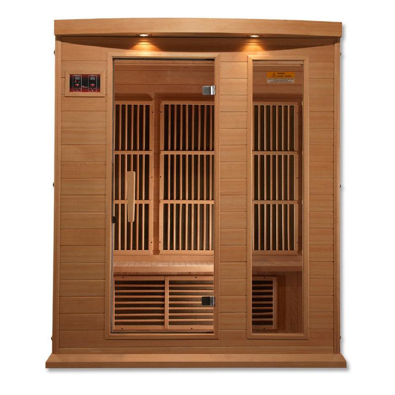 Maxxus 3-Person Low EMF (Under 8MG) FAR Infrared Sauna (Canadian Hemlock) with ergonomic backrests and 7 color chromotherapy lighting