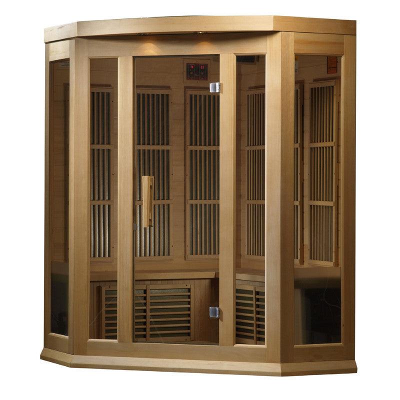 A spacious 3-person corner sauna made from Canadian Hemlock with low EMF FAR infrared technology