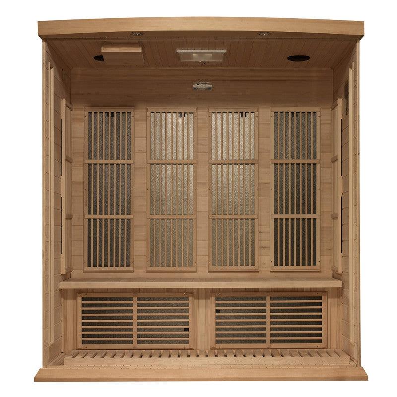 Maxxus 4-Person Corner Near Zero EMF FAR Infrared Sauna made of Canadian Hemlock wood, designed for ultimate relaxation and wellness benefits