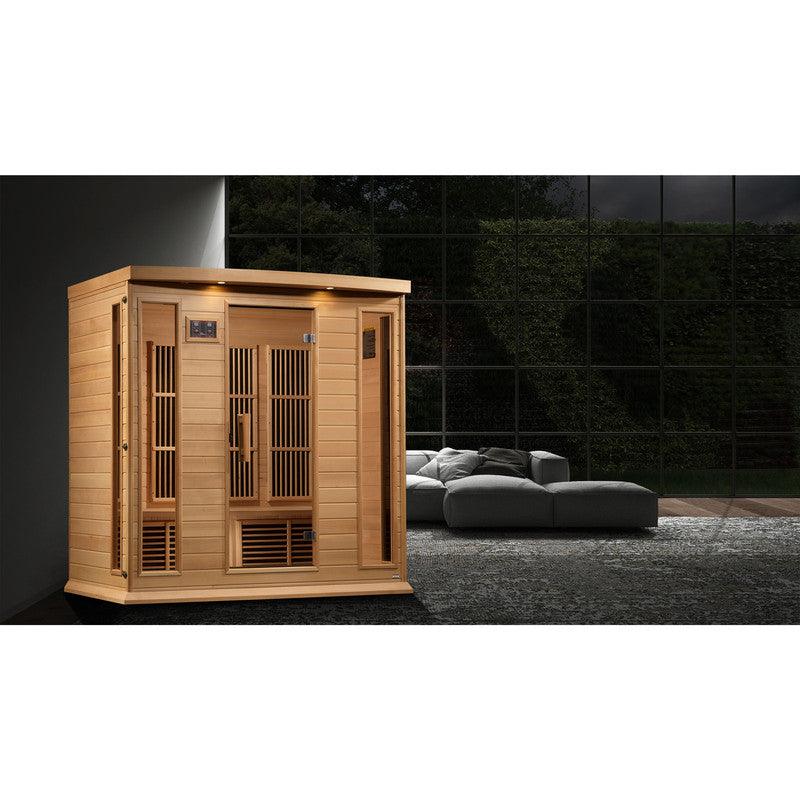 Maxxus 4-Person Corner Near Zero EMF FAR Infrared Sauna made of Canadian Hemlock wood, designed for ultimate relaxation and detoxification