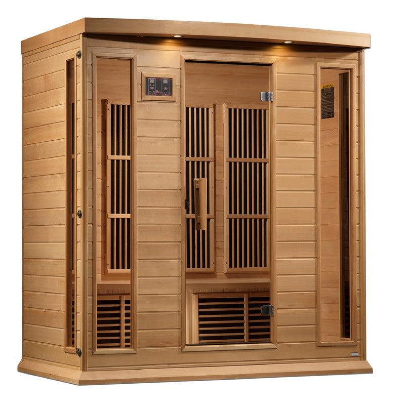 Spacious Maxxus 4-Person Corner Near Zero EMF FAR Infrared Sauna made from Canadian Hemlock wood