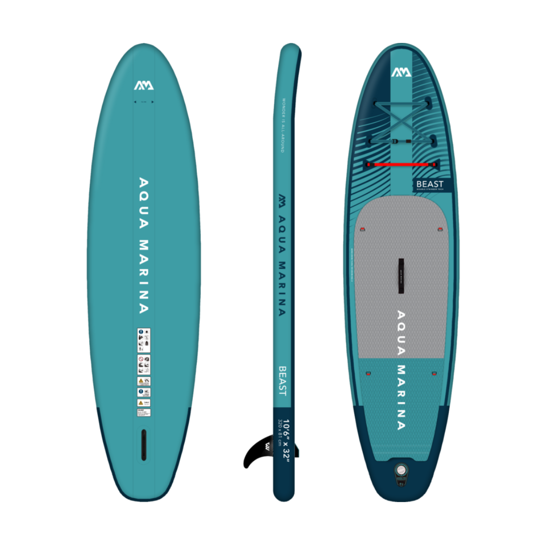 Close-up of Aqua Marina Beast 10'6 All Water Inflatable SUP Board showing durable construction and non-slip surface