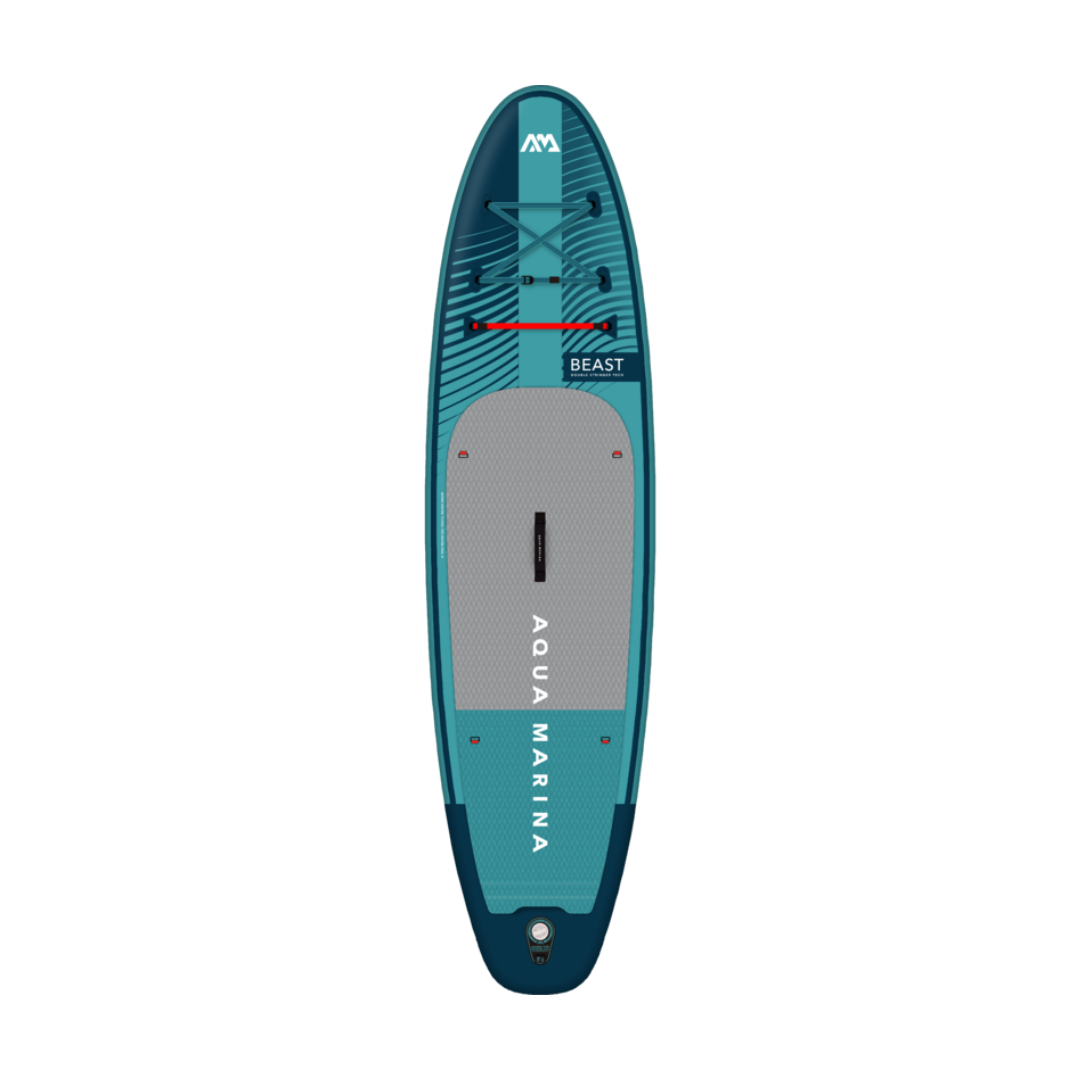 Aqua Marina Beast 10'6 All Water Inflatable SUP Board package including pump, paddle, and carrying bag