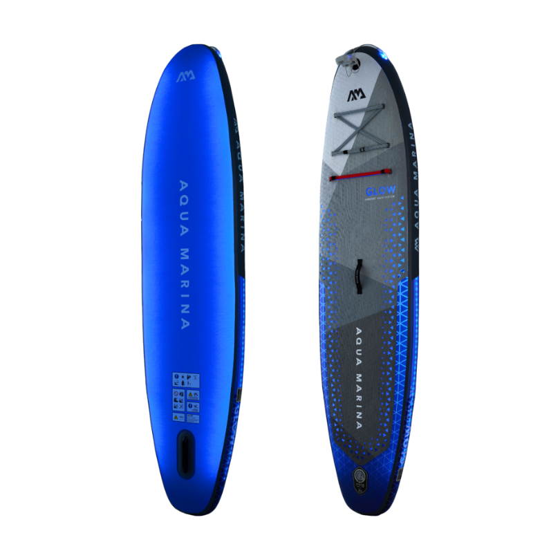 Aqua Marina Glow SUP Board with removable fin and comfortable EVA deck pad in blue and green