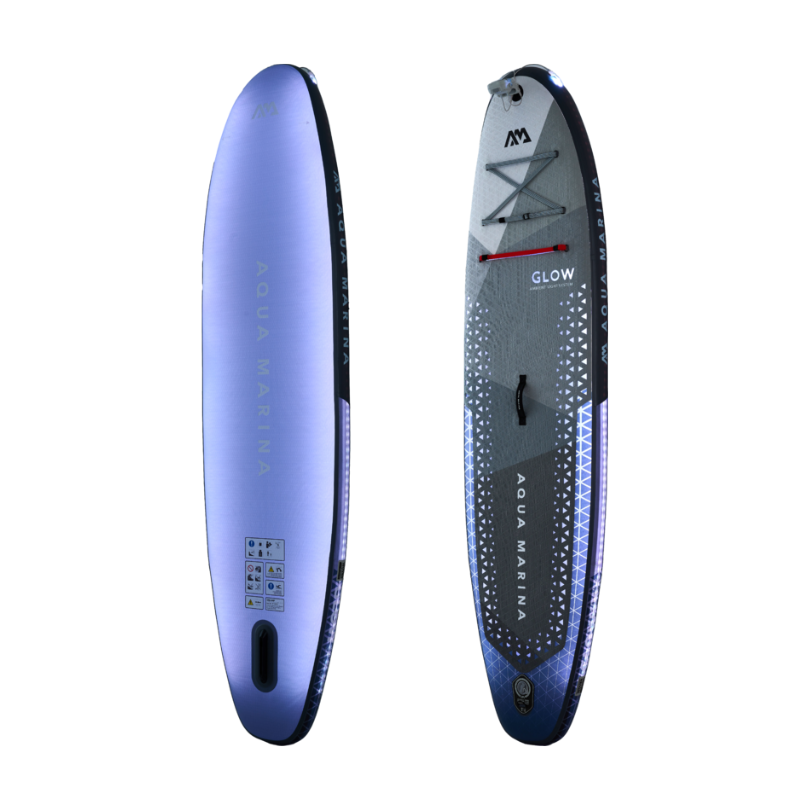 Aqua Marina Glow SUP Board with high-pressure hand pump and repair kit in purple and white