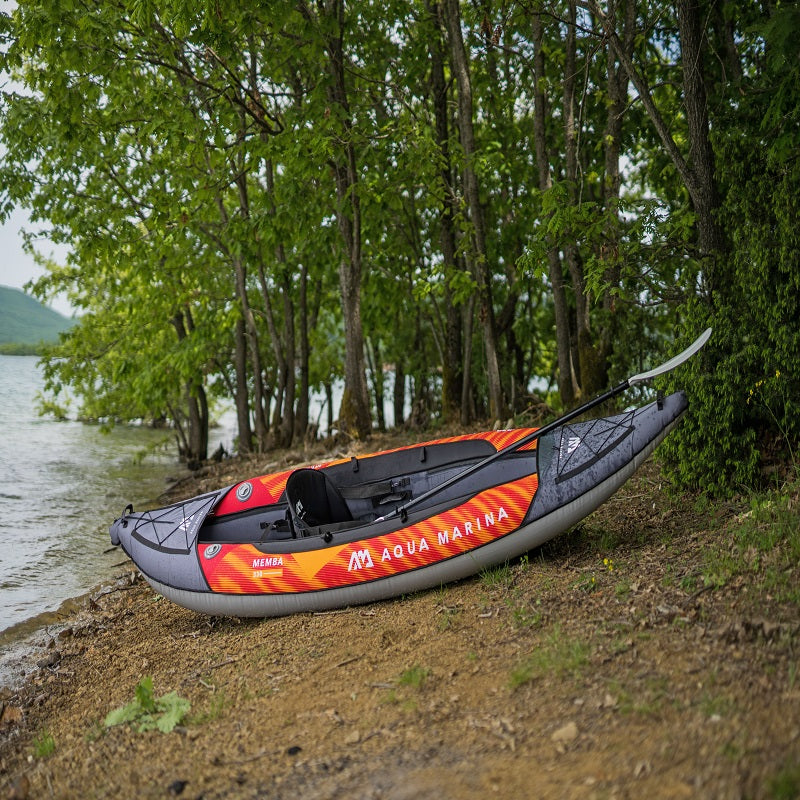 Aqua Marina Inflatable Kayak Memba-330 inflated and ready for adventure, showcasing comfortable seat and adjustable footrest